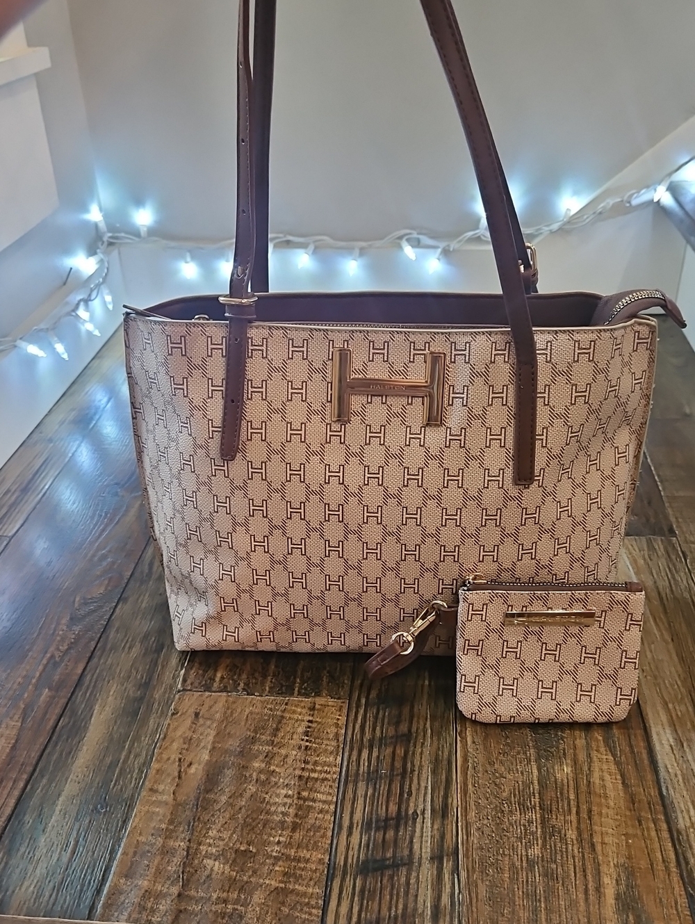Halston Monogram Tote Handbag with‎ Matching Change Pouch - Beige/Brown